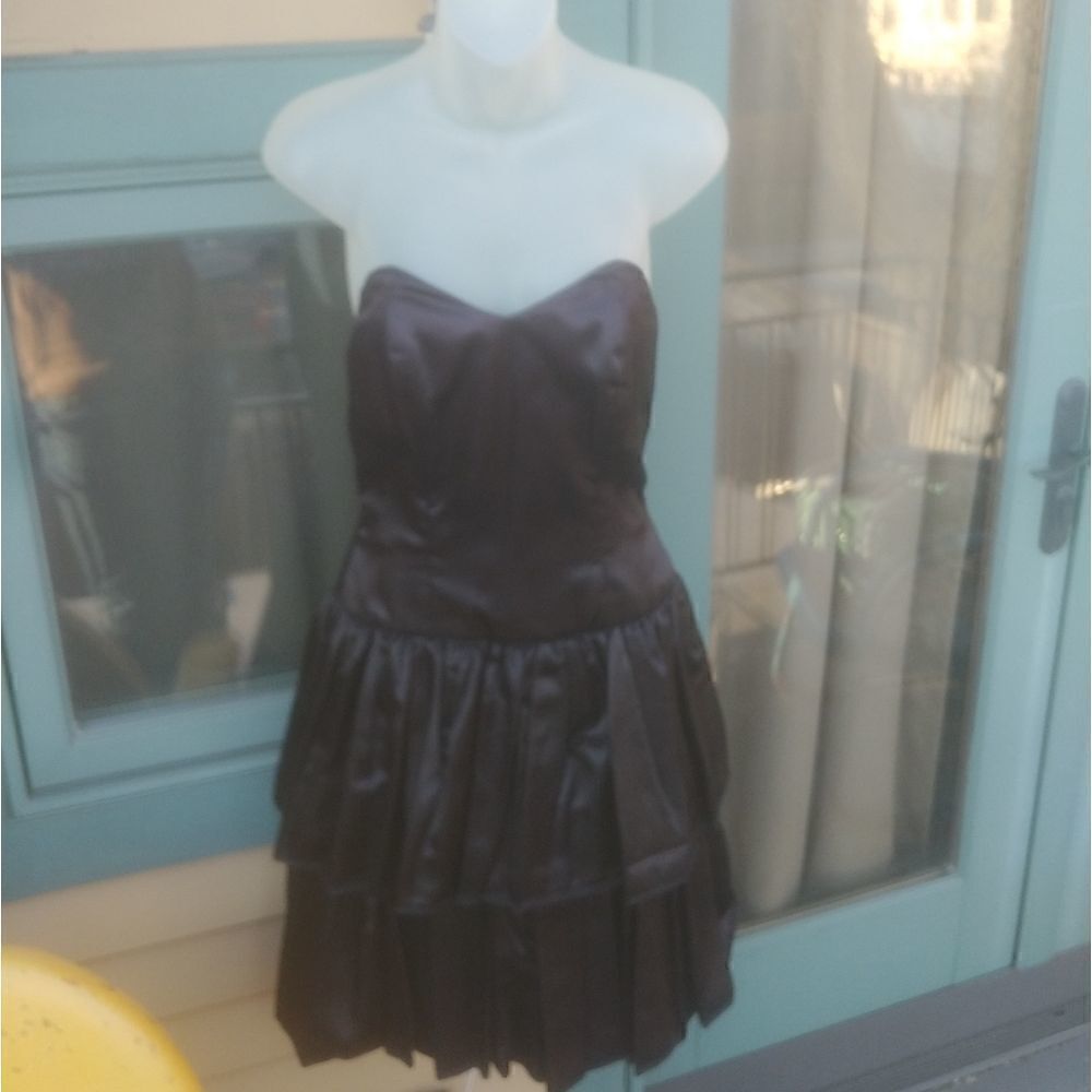 VTG 80s Black Satin Strapless Flouncy Prom Dress - Picture 1 of 7